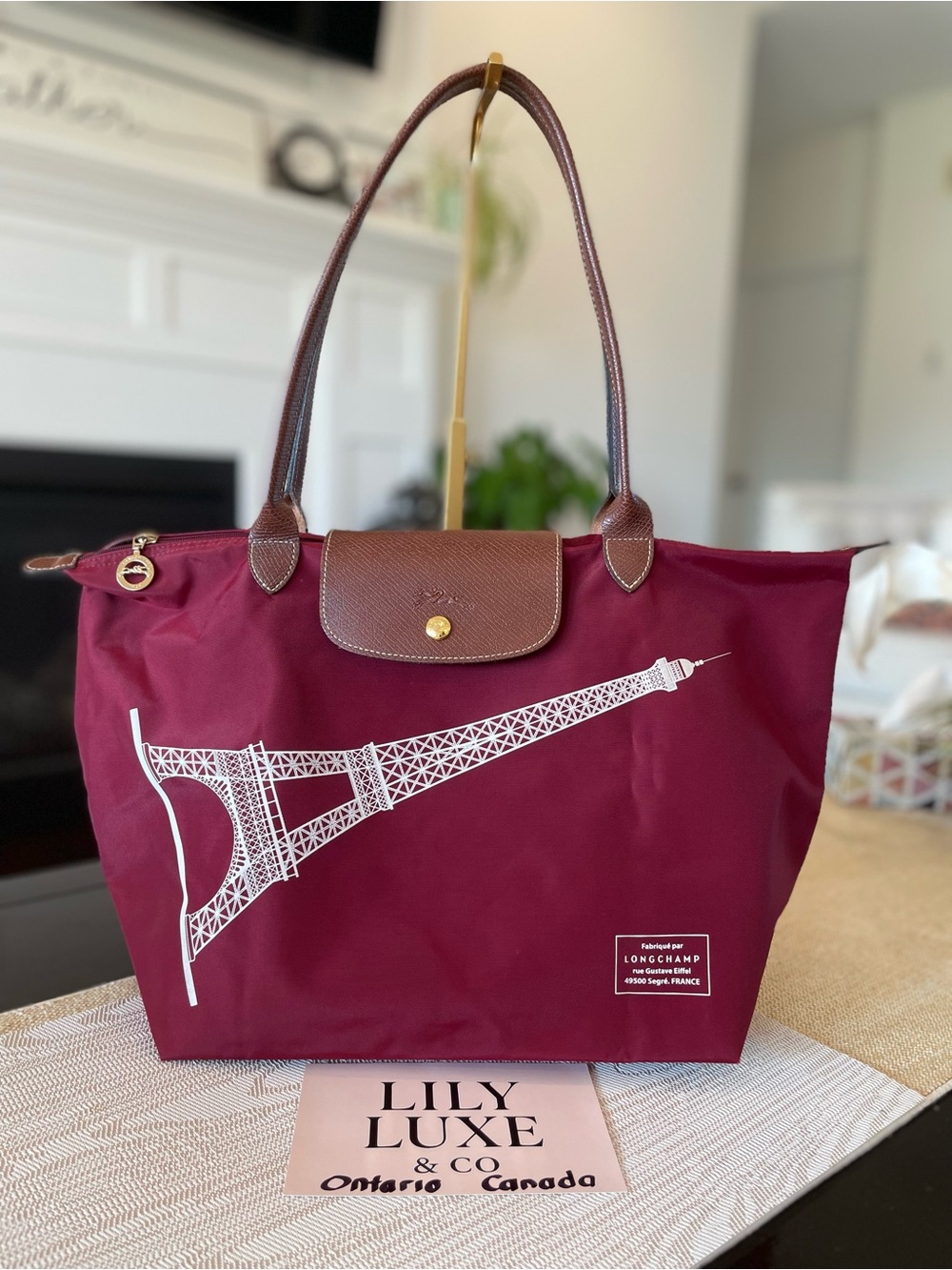 Longchamp Le Pliage Eiffel Tower Tote Bag in Burgundy with long strap